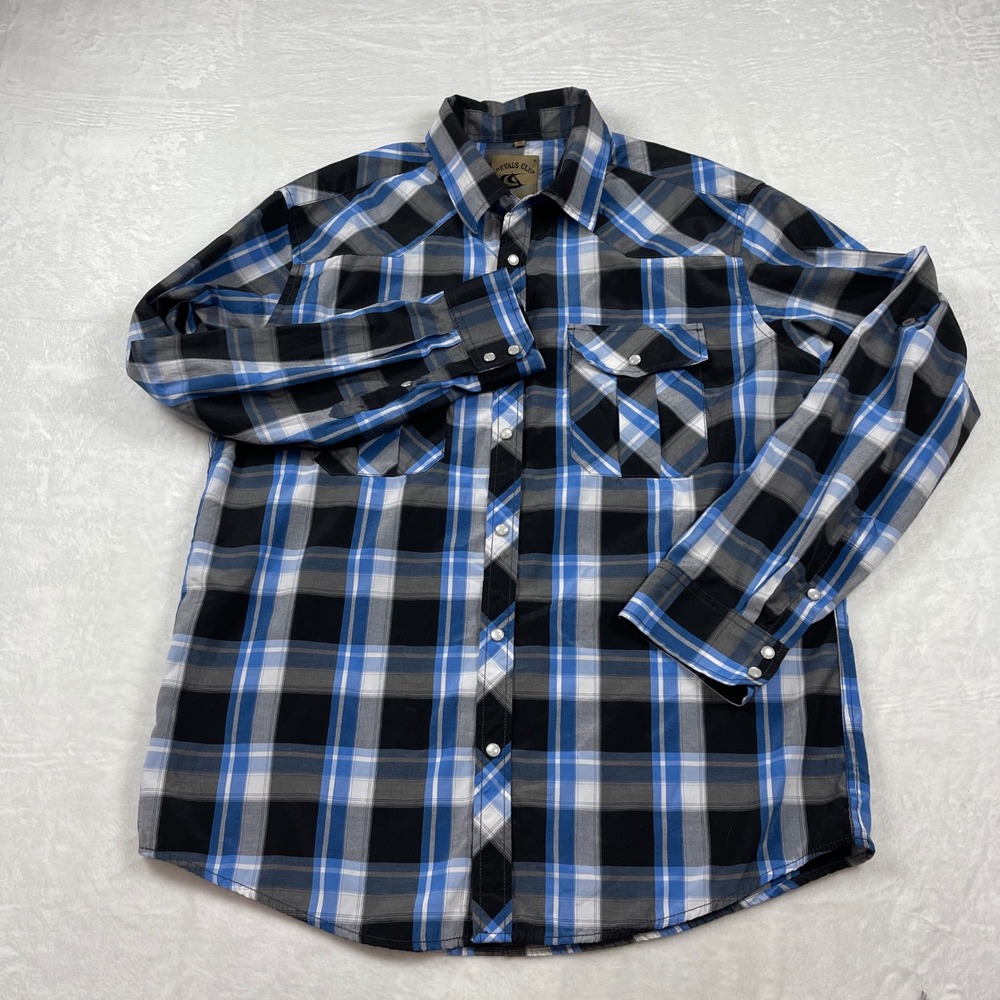 Coevals Club Men XL Blue Black Plaid Pearl Snap Western Cowboy Shirt Long Sleeve